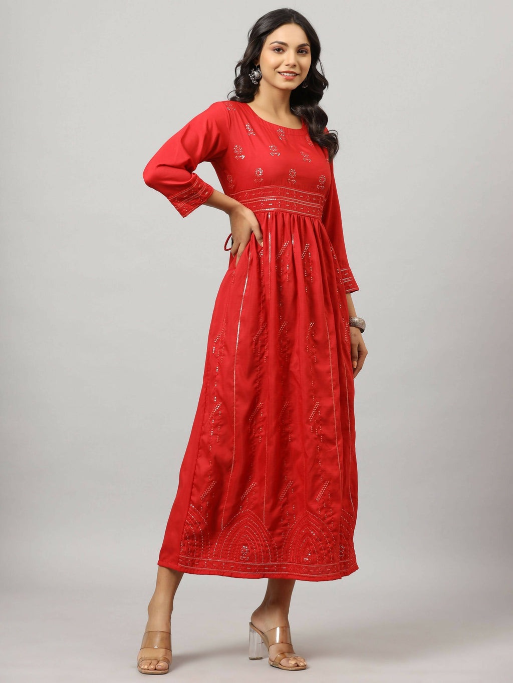 Juniper Women's Red Festive Printed Flared Dress | Grocsy
