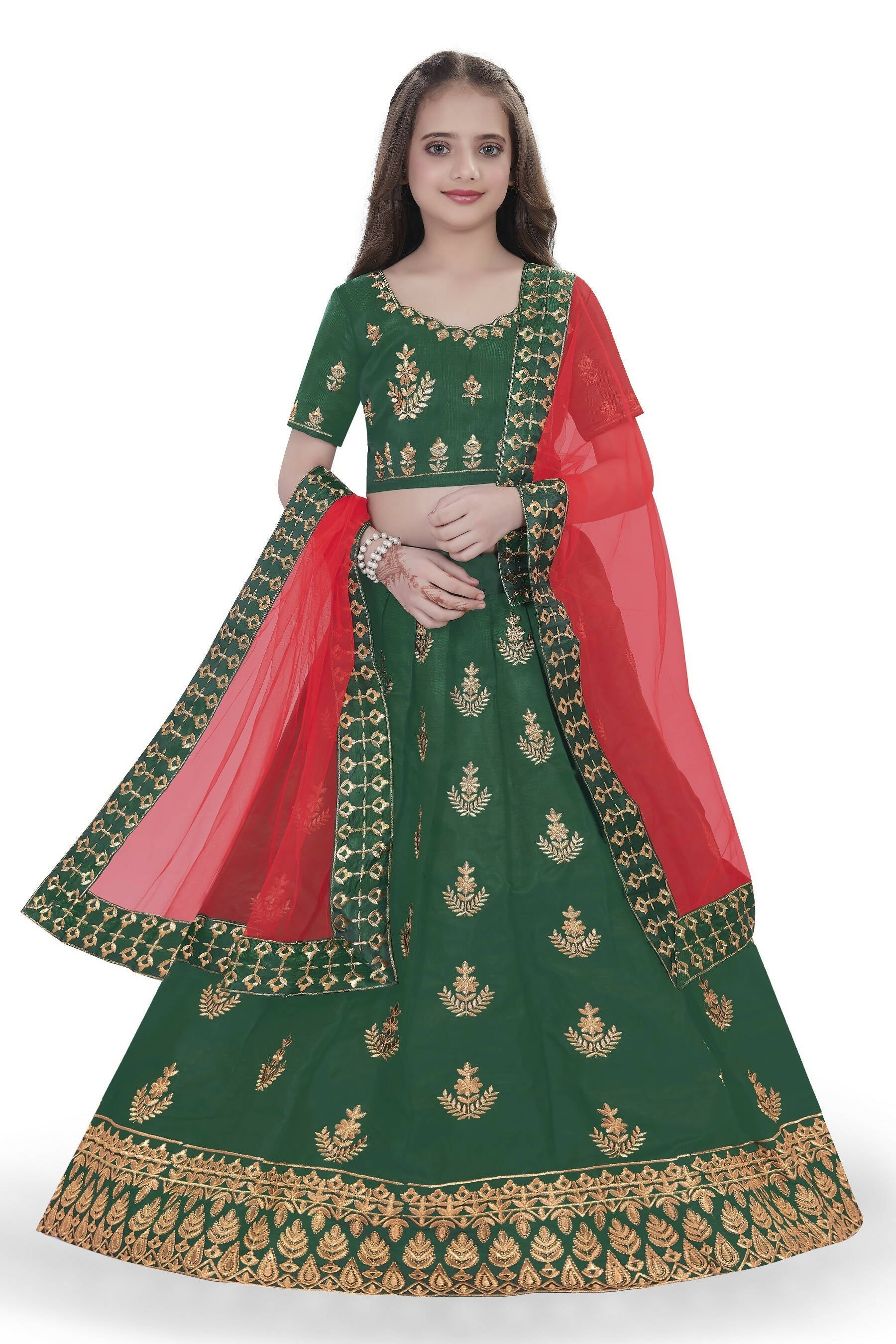 Dwiden Green Kamal Tafetta Sattin Semi-Stitched Girl's Lehenga Choli | Grocsy