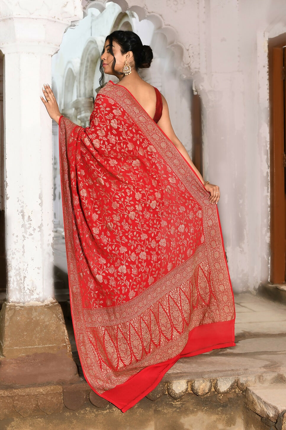 Joban Fashion Red Crepe Chiffon Banarasi Pure Handloom Banarasi Silk Saree | Grocsy