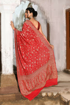 Joban Fashion Red Crepe Chiffon Banarasi Pure Handloom Banarasi Silk Saree | Grocsy