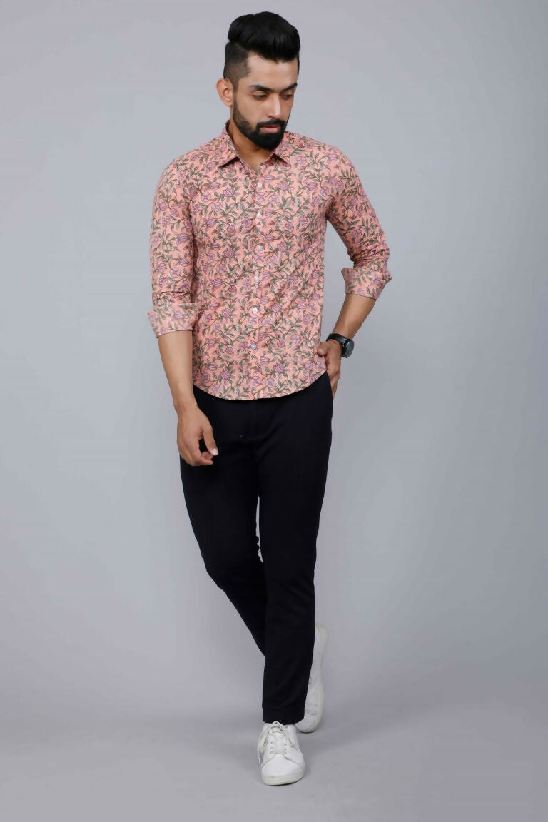 Miravan Men's Orange Printed Full Sleeve Cotton Shirt | Grocsy