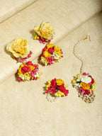 Yellow Pink Beaded Flower Jewellery Set - Ruby Raang | Grocsy