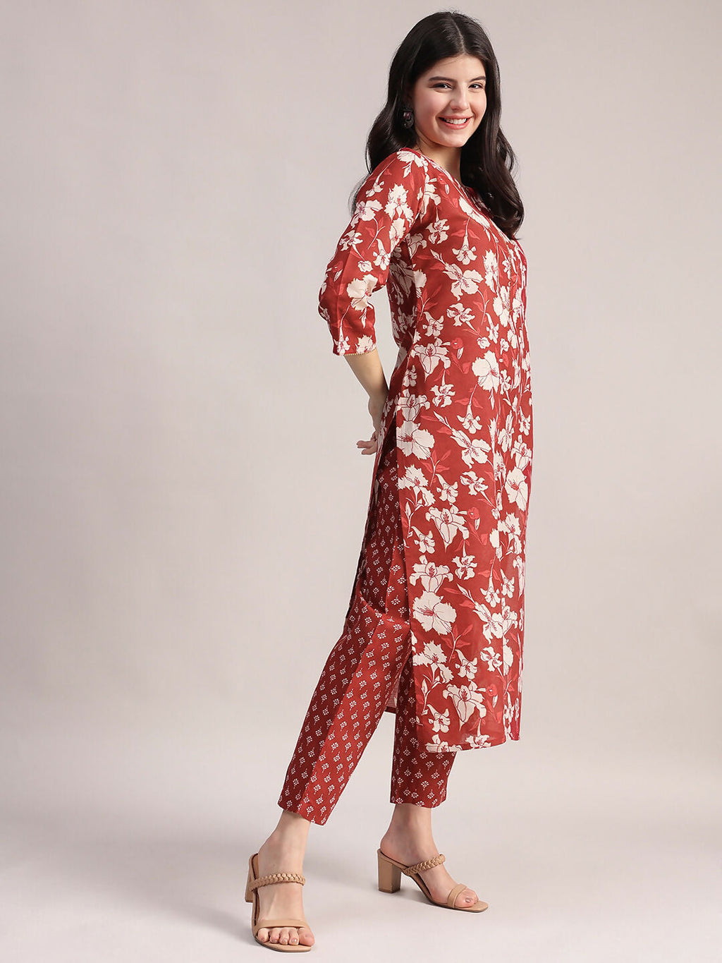 Aavyora Women Maroon Floral Printed Kurta with Printed Pants & Dupatta Set | Grocsy