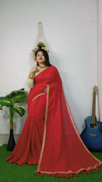 Exclusive Collection Beautiful Khadi Cotton Handloom Saree With Beautiful Zari Border - Red | Grocsy