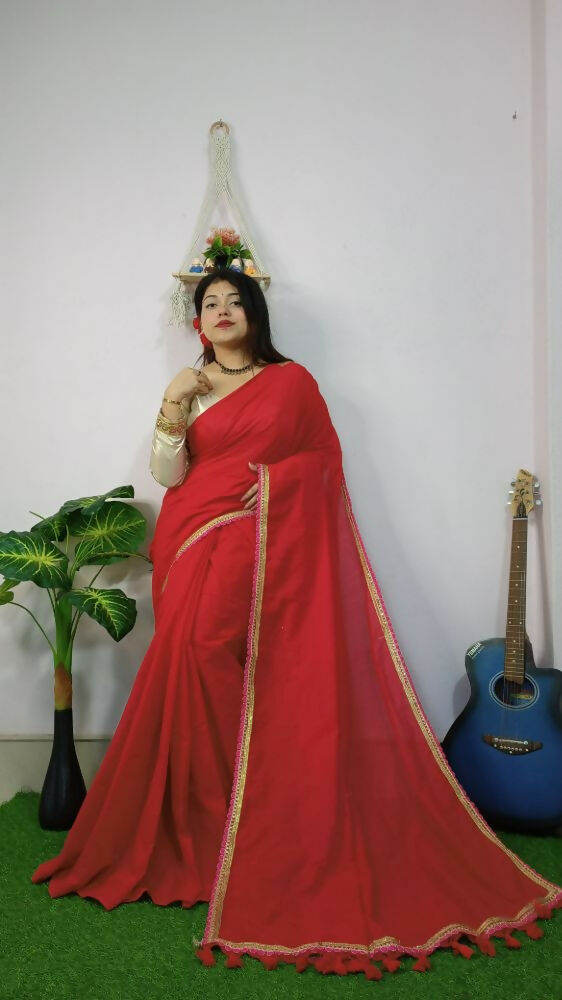 Exclusive Collection Beautiful Khadi Cotton Handloom Saree With Beautiful Zari Border - Red | Grocsy
