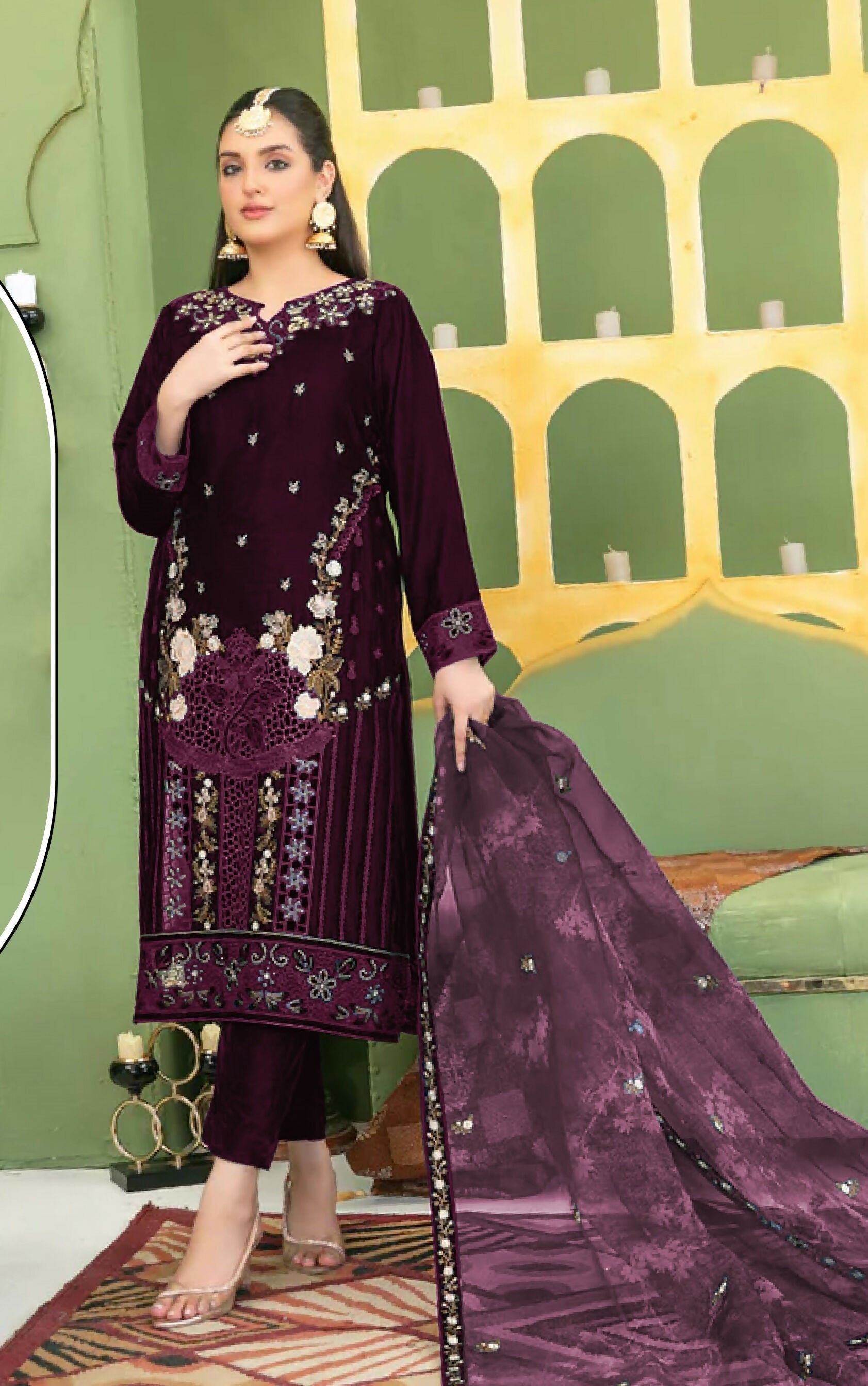 Anaita Purple Velvet Suit with Embroidery Sequence Work | Grocsy