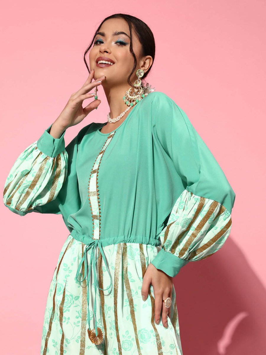 Ahalyaa Women Gorgeous Green Printed Once Upon a Sleeve Jumpsuit | Grocsy