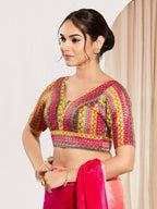 Joban Fashion Pink Multi Brocade Padded Blouse With V Neck Elbow Sleeves | Grocsy