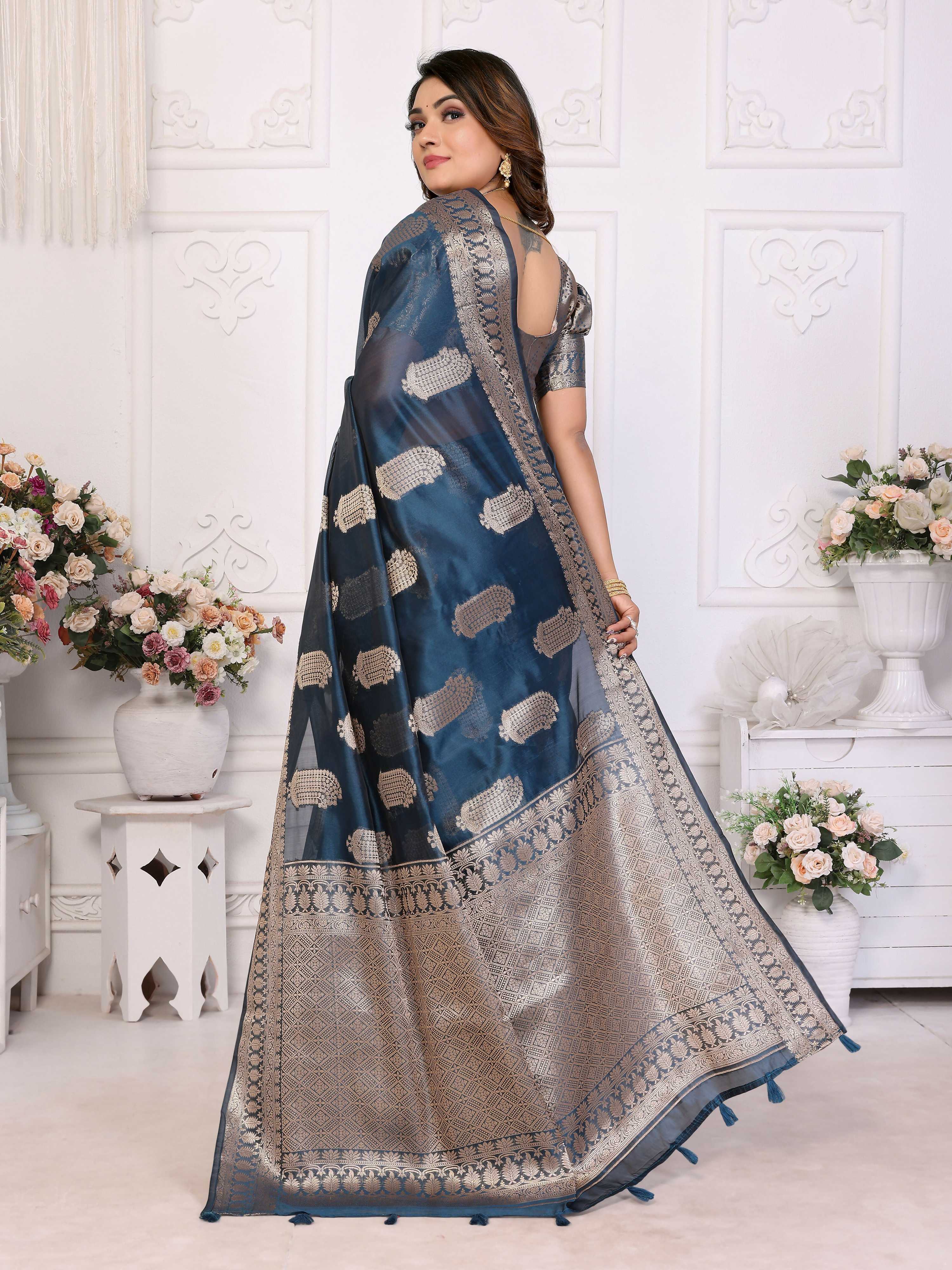 Aastha Fashion Teal Blue Soft Organza Silk Weaving Saree | Grocsy