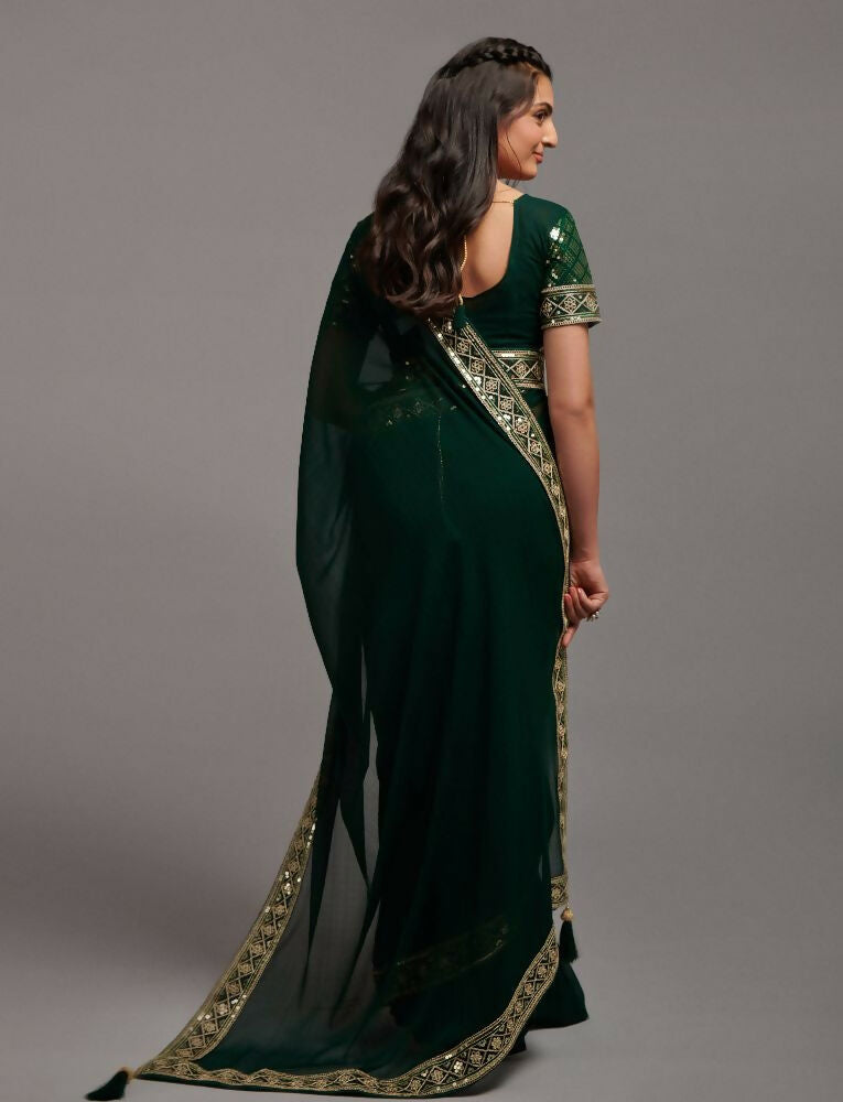 PR Fashion Green Zometo Embroidery Lace Saree | Grocsy