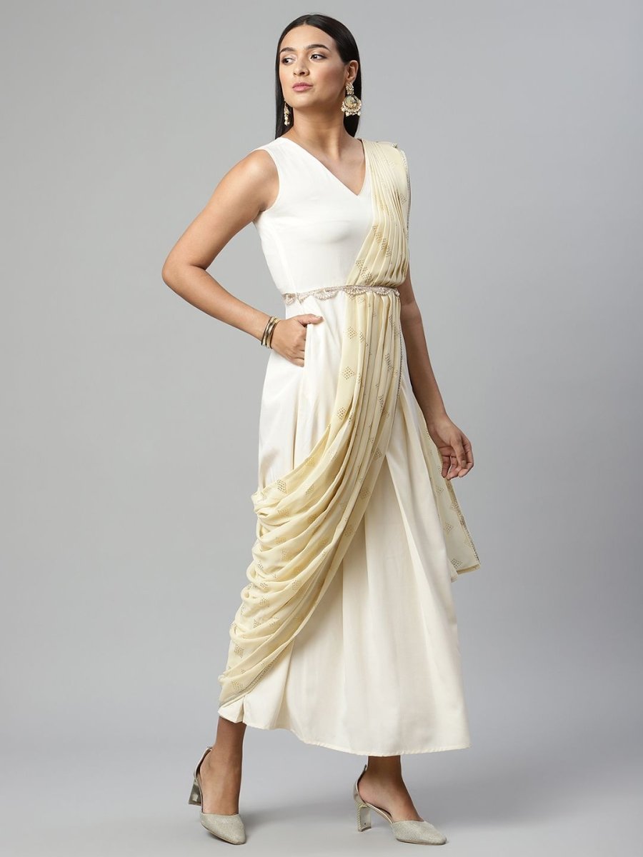 Ahalyaa Women Off White Crepe Georgette Saree Dress With Printed Pallu | Grocsy