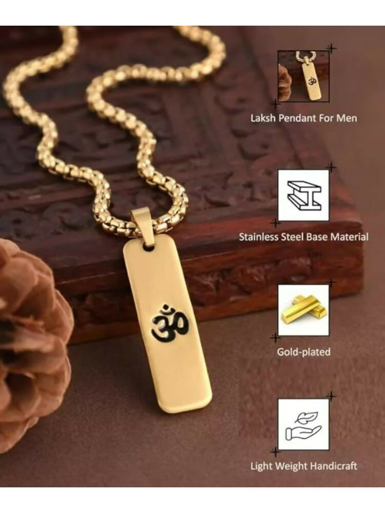 NVR Men Om Design Gold-Polished Rectangular Shape Pendant | Grocsy