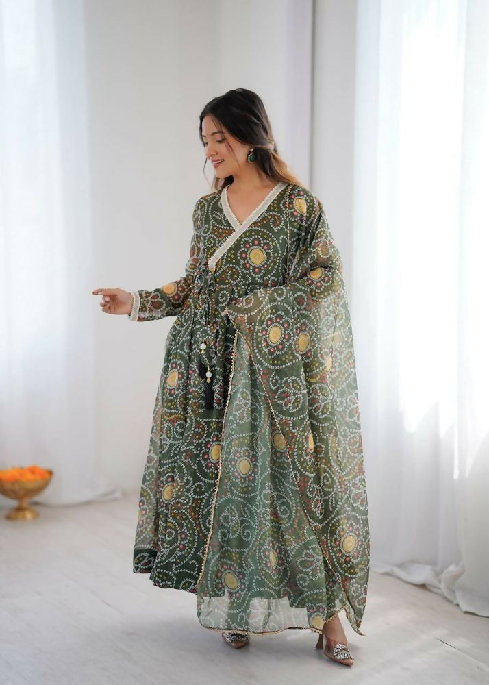 Teeya Creation Green Soft Organza Digital Printed Functional Wear Trending Long Gown | Grocsy