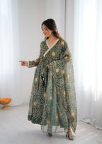 Teeya Creation Green Soft Organza Digital Printed Functional Wear Trending Long Gown | Grocsy