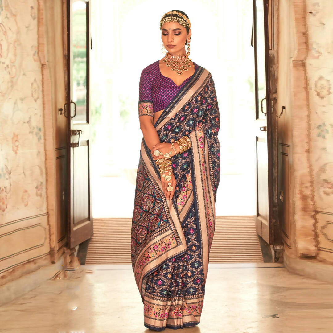 Dark Blue Silk With Banarasi Print Work Saree - Trirath Yamuna | Grocsy