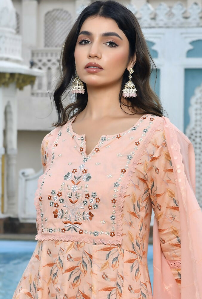 Vaasva Women's Peach Cotton Anarkali Set With Solid Pant And Embroidered Dupatta | Grocsy