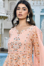 Vaasva Women's Peach Cotton Anarkali Set With Solid Pant And Embroidered Dupatta | Grocsy