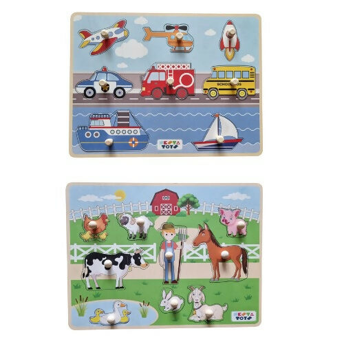 Nesta Toys Wooden Vehicle Jumbo Knob Puzzle (8 Pcs) & Wooden Farm Animal Jumbo Knob Puzzle (8 Pcs) | Grocsy