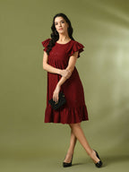 Myshka Women's Maroon Embroidered Cotton Round Neck A-Line Party Dress | Grocsy