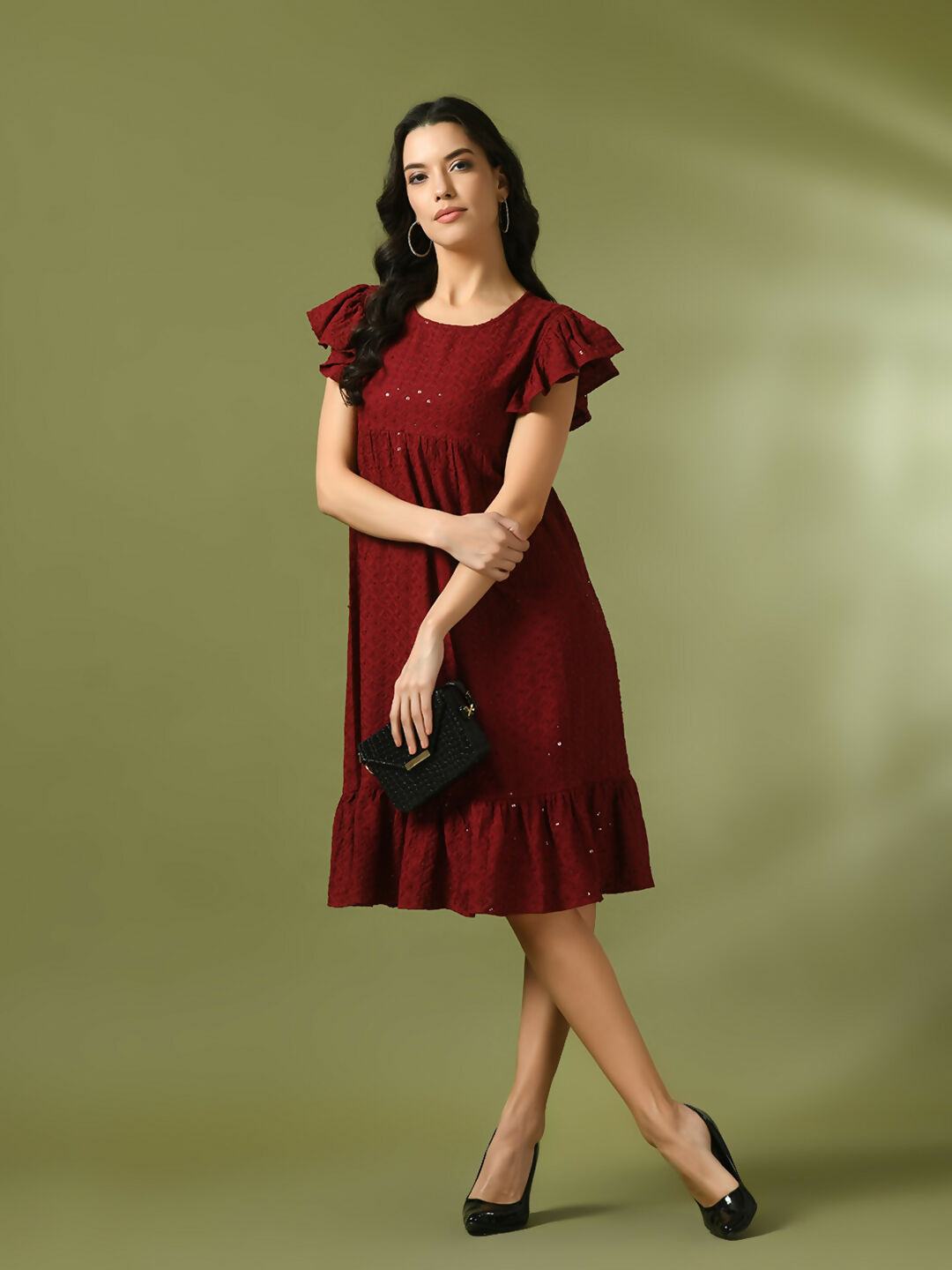 Myshka Women's Maroon Embroidered Cotton Round Neck A-Line Party Dress | Grocsy