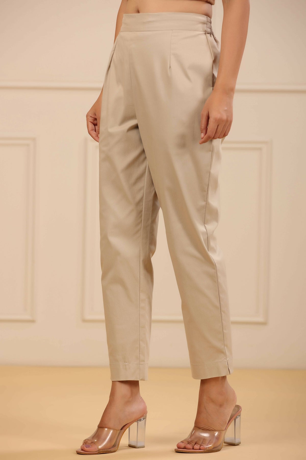 Juniper Women's Beige Cotton Spendex Solid Straight Pant | Grocsy