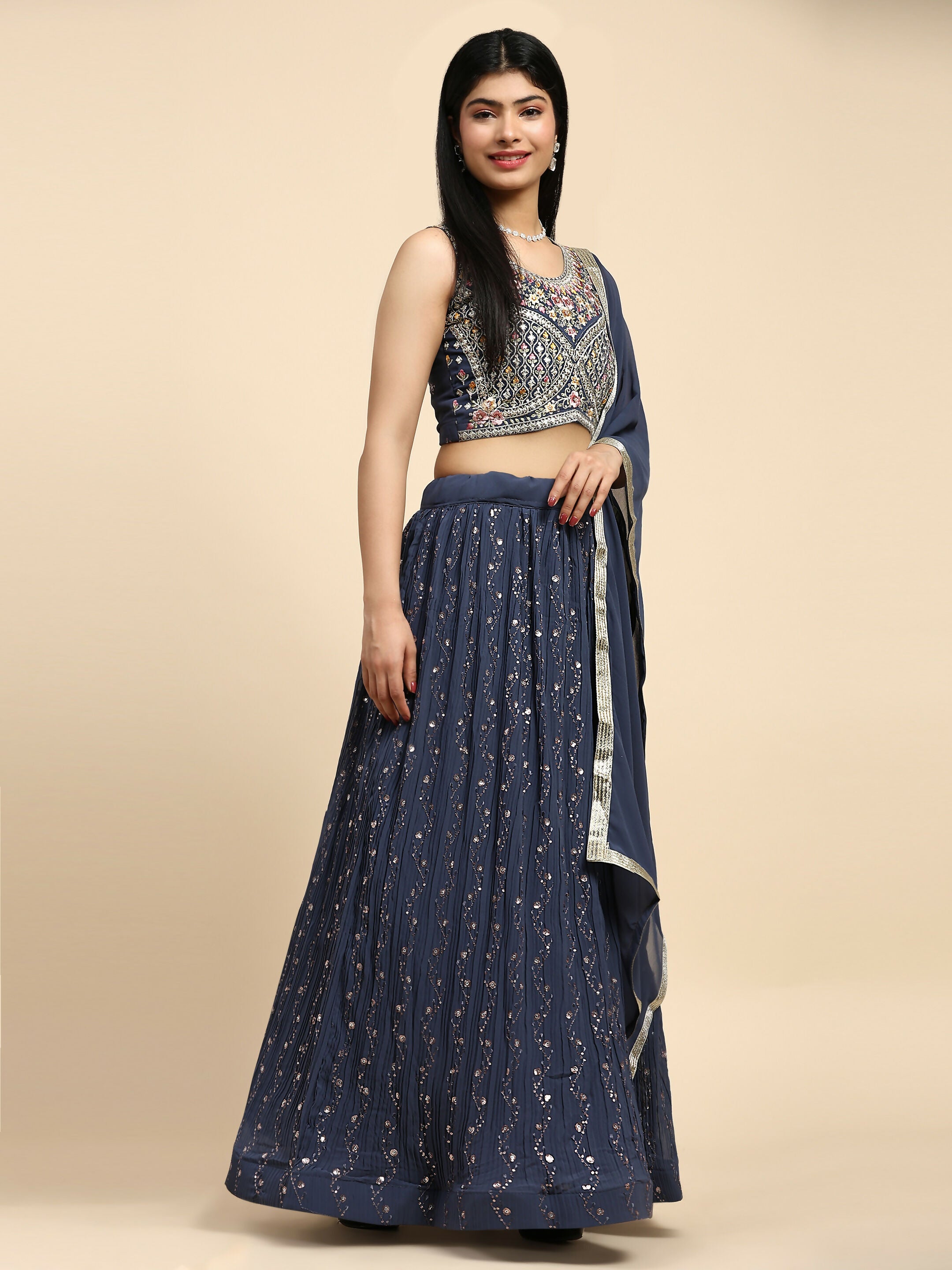 Dark Grey Georgette Embroidered Lehenga choli with Dupatta - Dhara | Grocsy