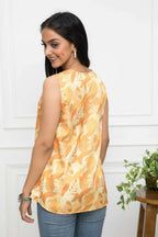 Myshka Women Mustard Floral V-Neck No Sleeves Polyester Top | Grocsy