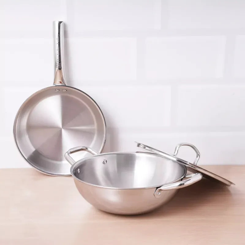 The Indus Valley TurboCuk Tri-ply Stainless Steel Cookware Set: 3L Kadai with Lid + 1.4L Fry Pan, Premium Quality, 3 Layer Thick Body, 100% Toxin-free, Non-stick, Induction & Gas | Grocsy