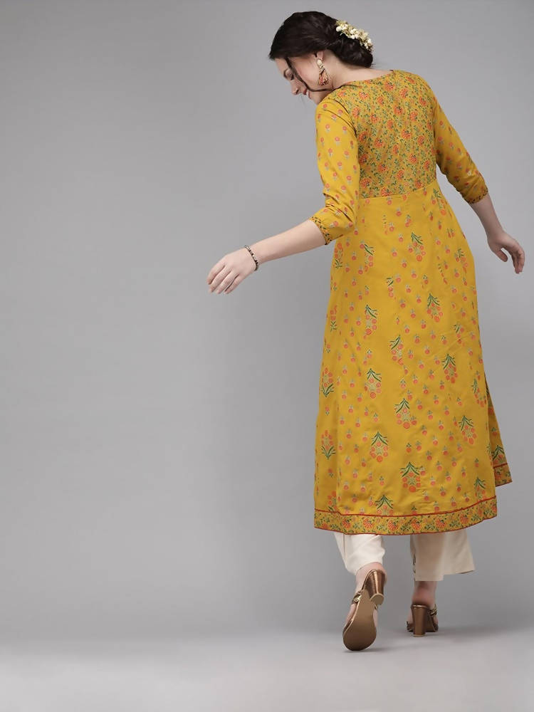 Yufta Women Mustard Yellow & Green Printed A-Line Panelled Kurta | Grocsy