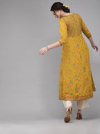 Yufta Women Mustard Yellow & Green Printed A-Line Panelled Kurta | Grocsy
