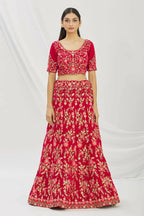 Red Velvet Semi-Stitched Wedding Bridal Lehenga - Nimaya | Grocsy