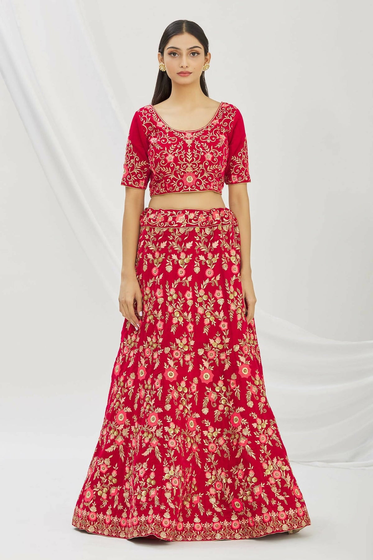 Red Velvet Semi-Stitched Wedding Bridal Lehenga - Nimaya | Grocsy