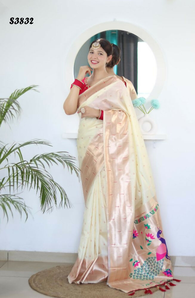 Cream Woven Jacquard Designer Embroidery Work Party Wear Saree - Parampara | Grocsy