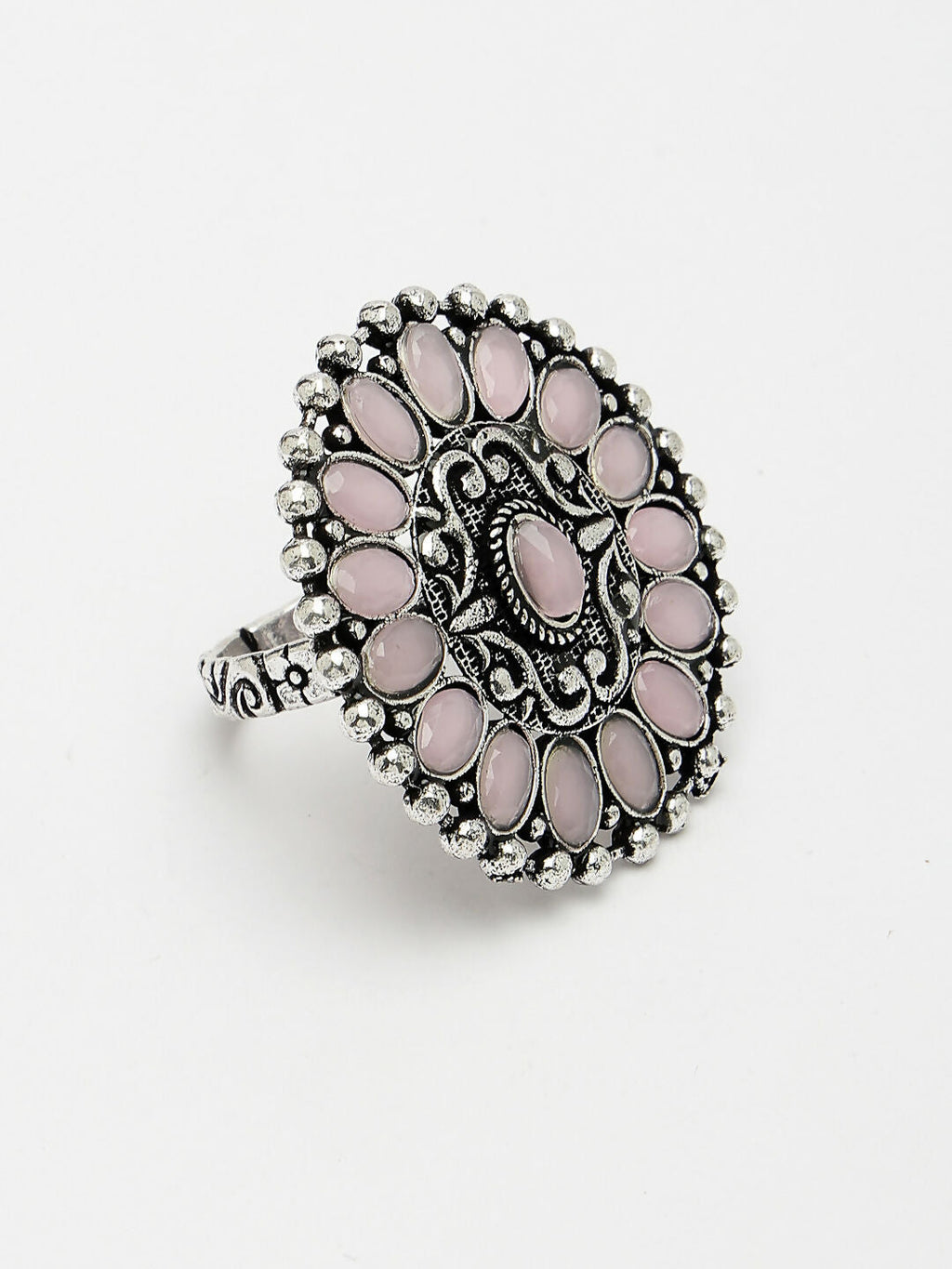 NVR Women's Pink Silver-Plated Circular Shape Adjustable Finger Ring | Grocsy