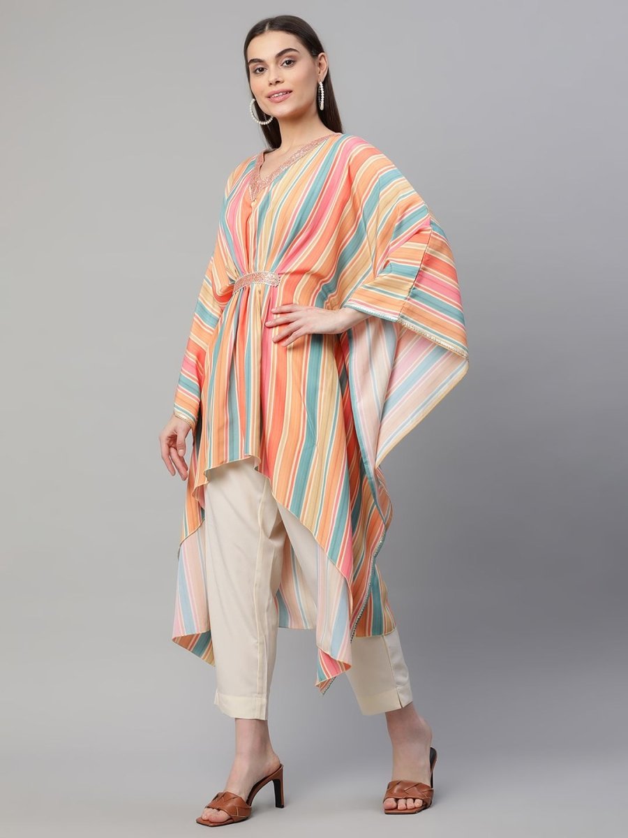 Ahalyaa Women Multi Color Crepe Striped Printed Kaftan Kurta With Trousers | Grocsy