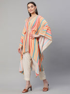 Ahalyaa Women Multi Color Crepe Striped Printed Kaftan Kurta With Trousers | Grocsy