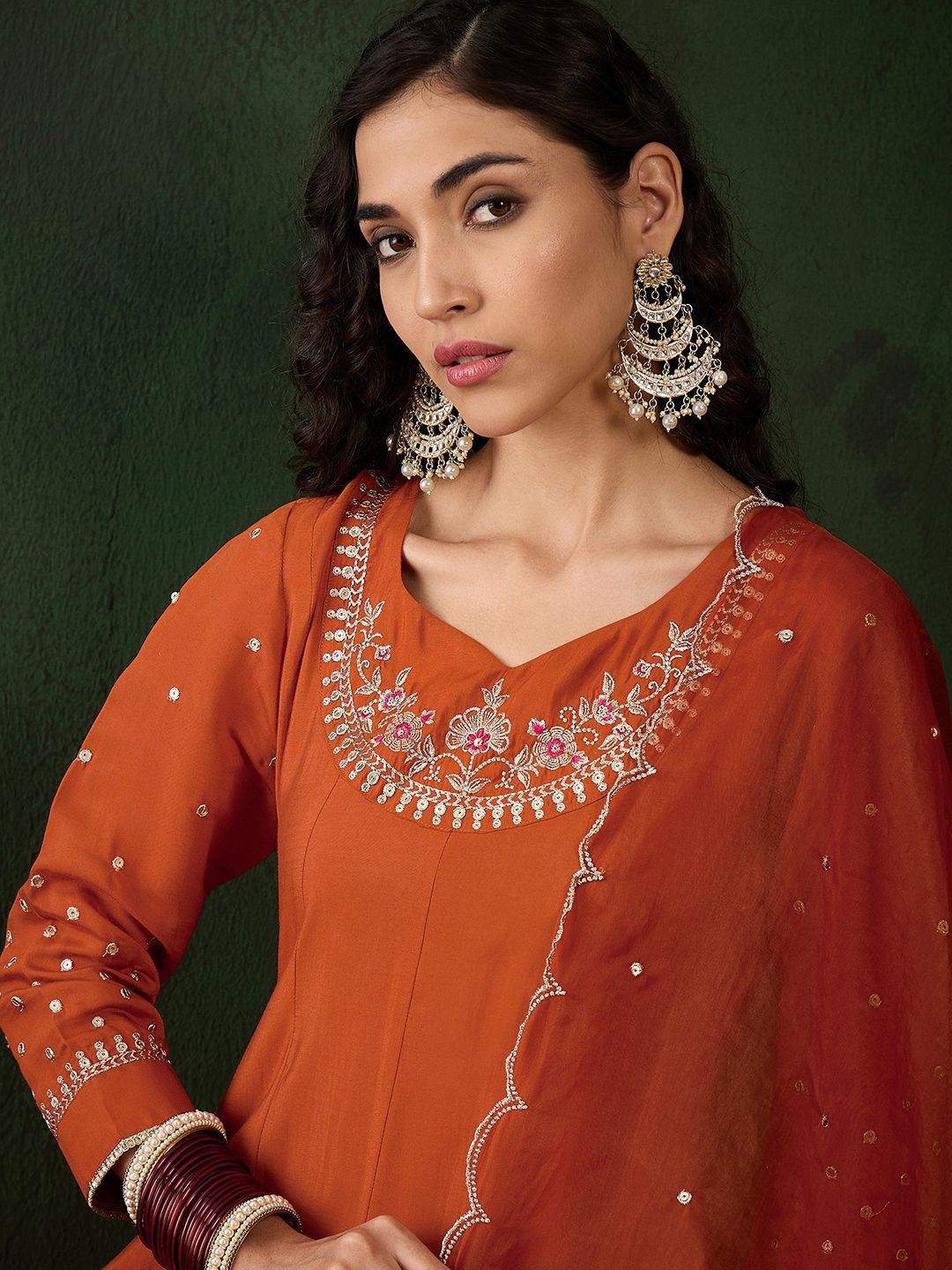 Sangria Embroidered A-Line Kurta & Trousers With Dupatta | Grocsy