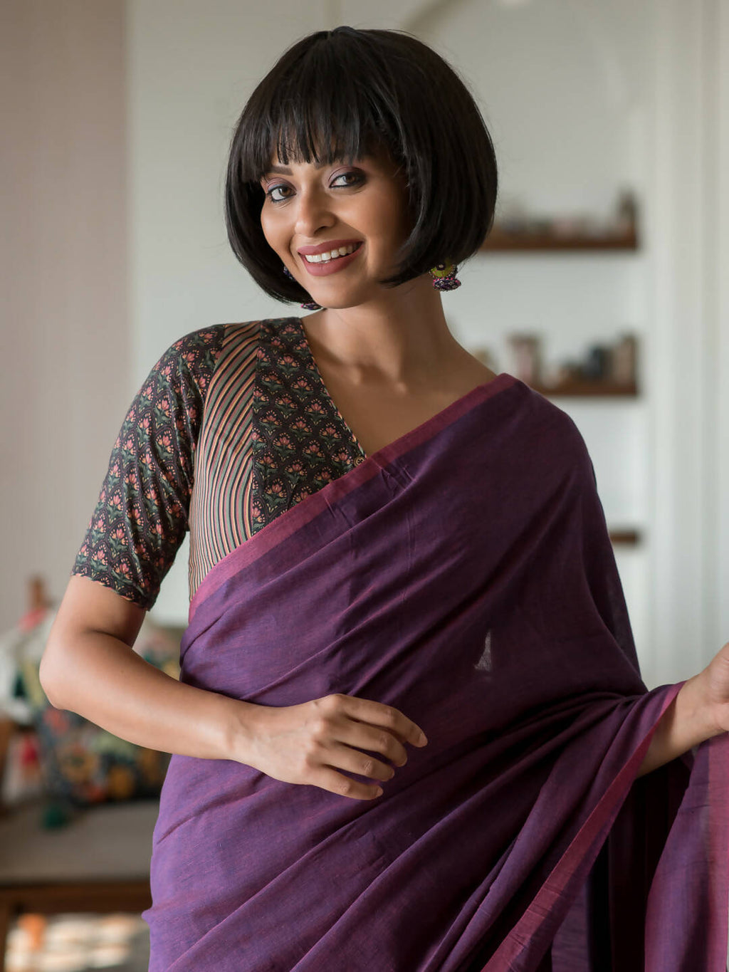 Suta Purple Solid Cotton Blend Saree | Grocsy