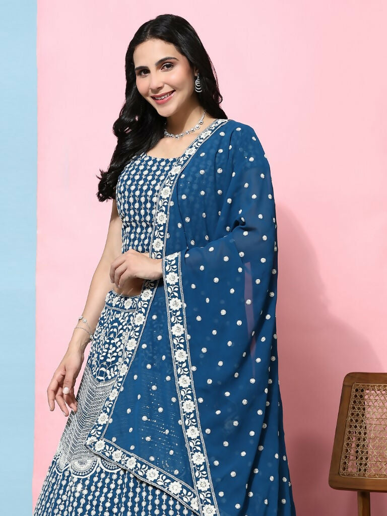 Teal Georgette Thread Embroidered Lehenga Choli with Dupatta - Tanya | Grocsy