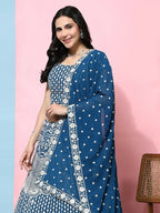 Teal Georgette Thread Embroidered Lehenga Choli with Dupatta - Tanya | Grocsy