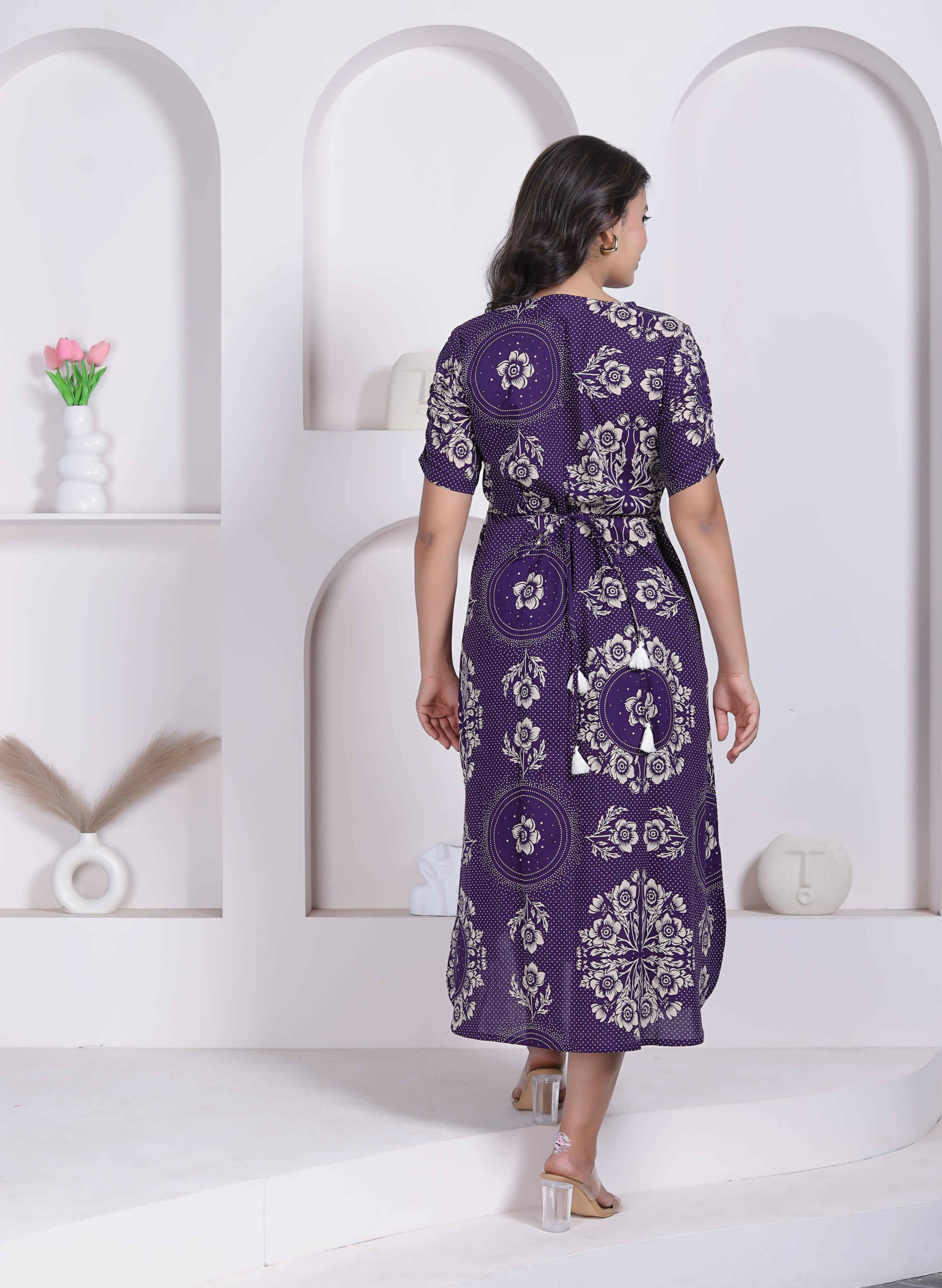 Miravan Womens Floral Printed A-Line Shirt Collar Maxi Dress | Grocsy