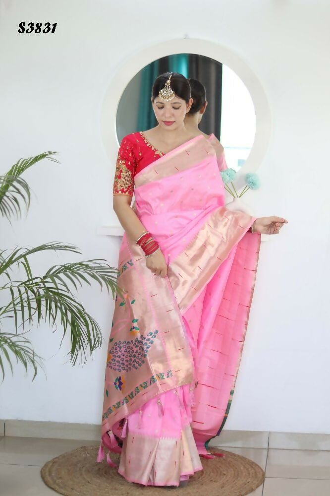 Pink Woven Jacquard Designer Embroidery Work Party Wear Saree - Parampara | Grocsy