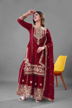 Teeya Creation Red Color Faux georgette Embroidery Work Sharara Set | Grocsy