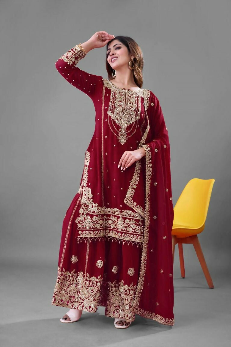 Teeya Creation Red Color Faux georgette Embroidery Work Sharara Set | Grocsy