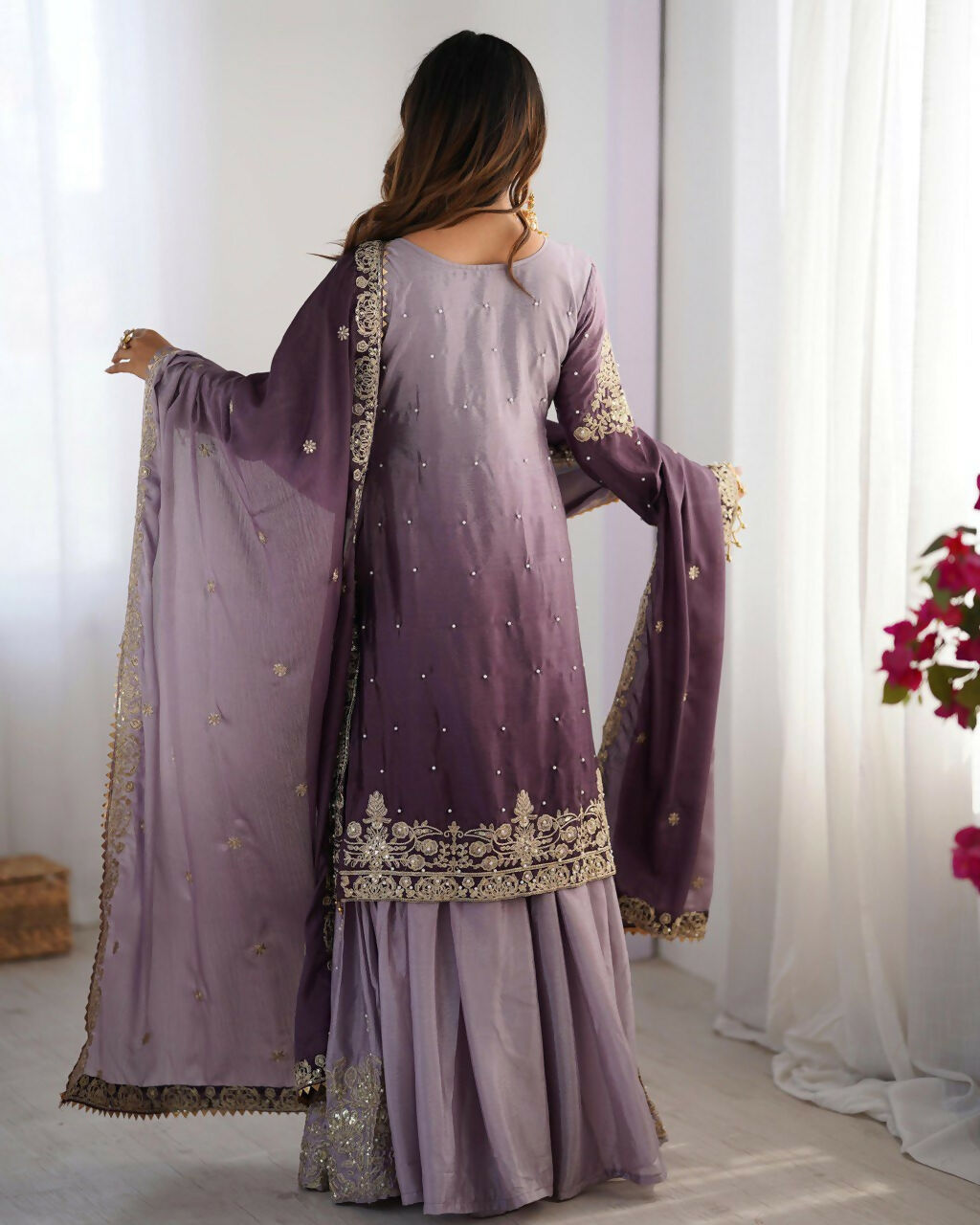 The52 Women's Beautiful Chinon silk Fabric Embroidery Work Straight Kurta Palazzo and Dupatta Set | Grocsy