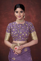 Purple Poly Habotai Silk Foil Print Saree with Unstitched Blouse - Kathari | Grocsy
