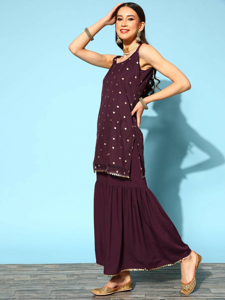 Ahalyaa Women Wine Colour Crepe Gold Printed Kurta Sharara Set | Grocsy