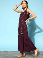 Ahalyaa Women Wine Colour Crepe Gold Printed Kurta Sharara Set | Grocsy