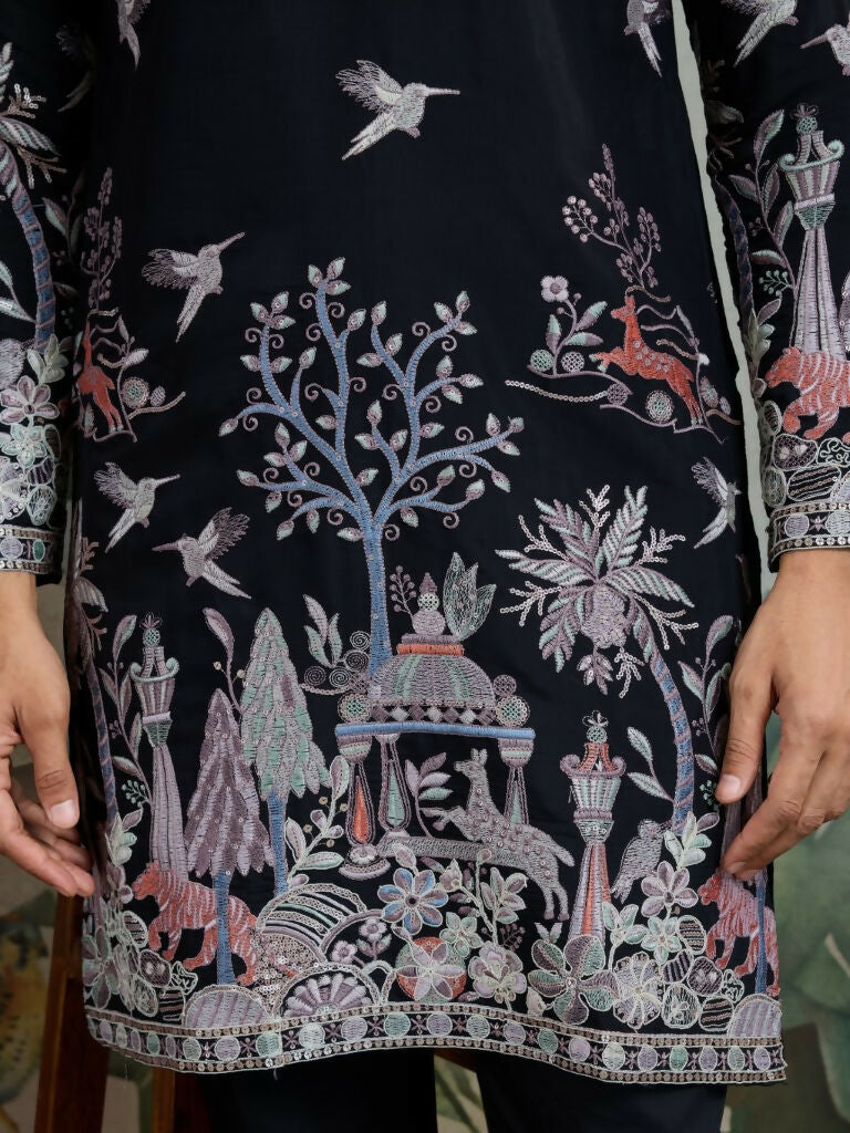 Vastranavya Black Exclusive Festival Wear Viscose Silk Thread & Sequence Embroidered Work Kurta | Grocsy