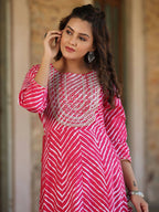Juniper Women's Fuschia Printed Embroidered Mirror Work Sequin Cotton Flared Dress | Grocsy
